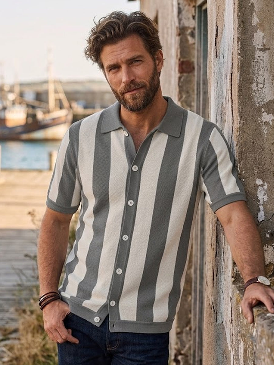 Modern Gray Casual Stripe Knit Polo Shirt