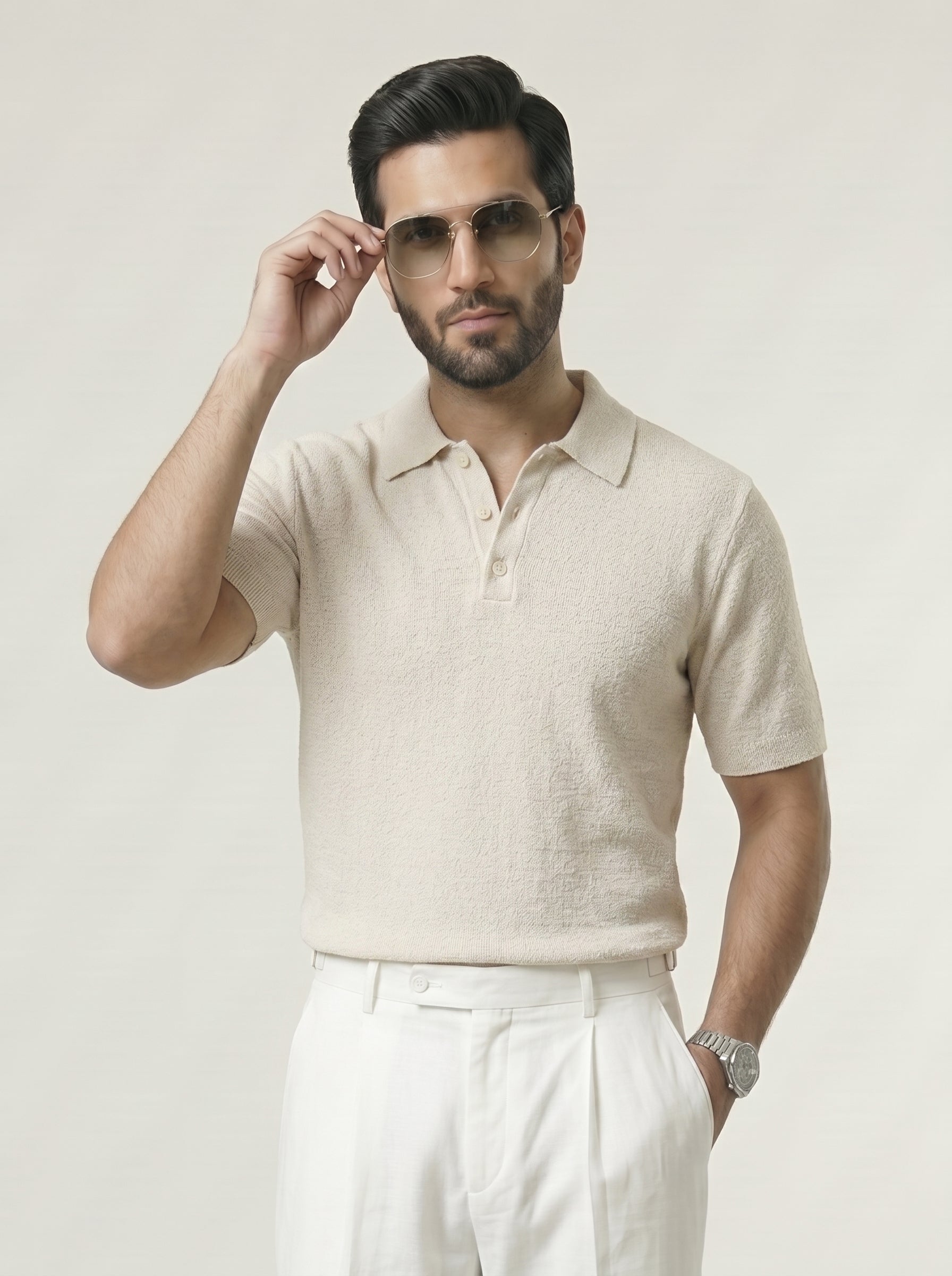Textured Spread Off White Knitted Polo