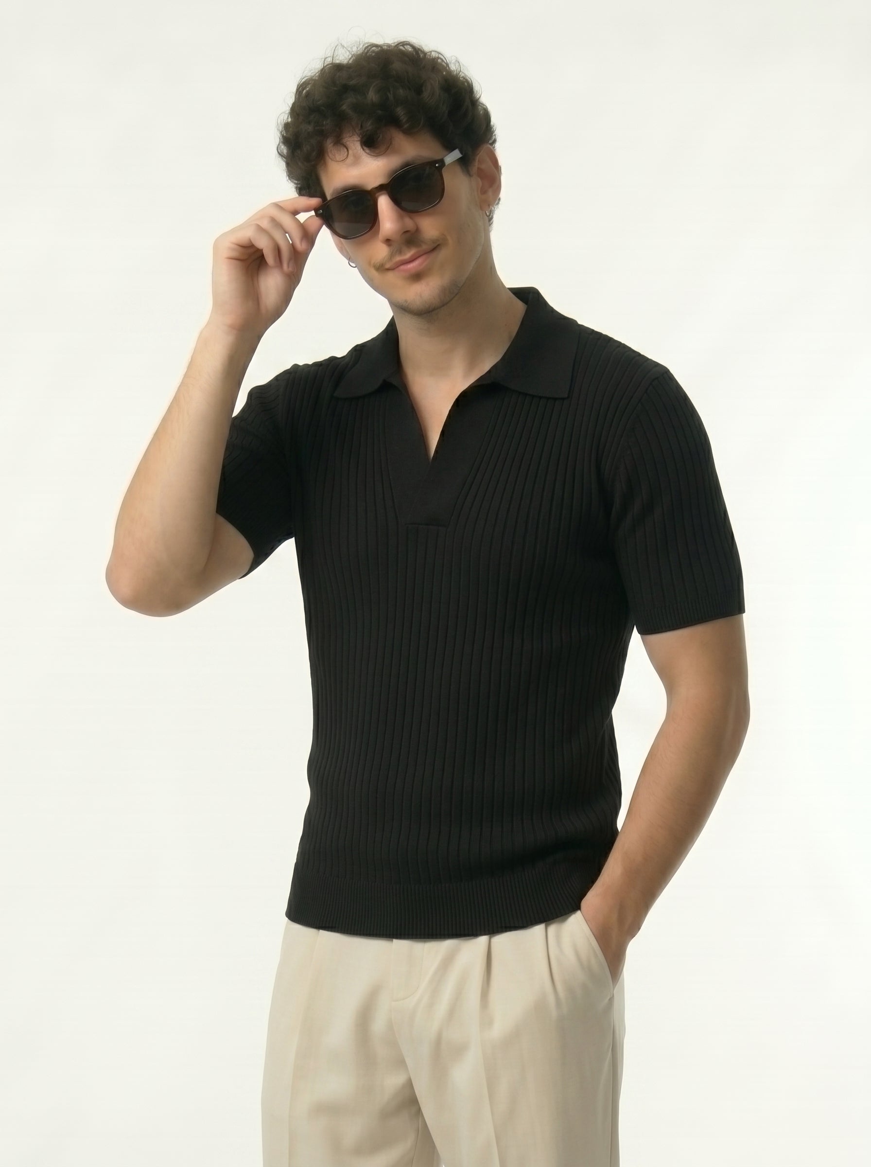 Lining Texture Black Knitted Polo