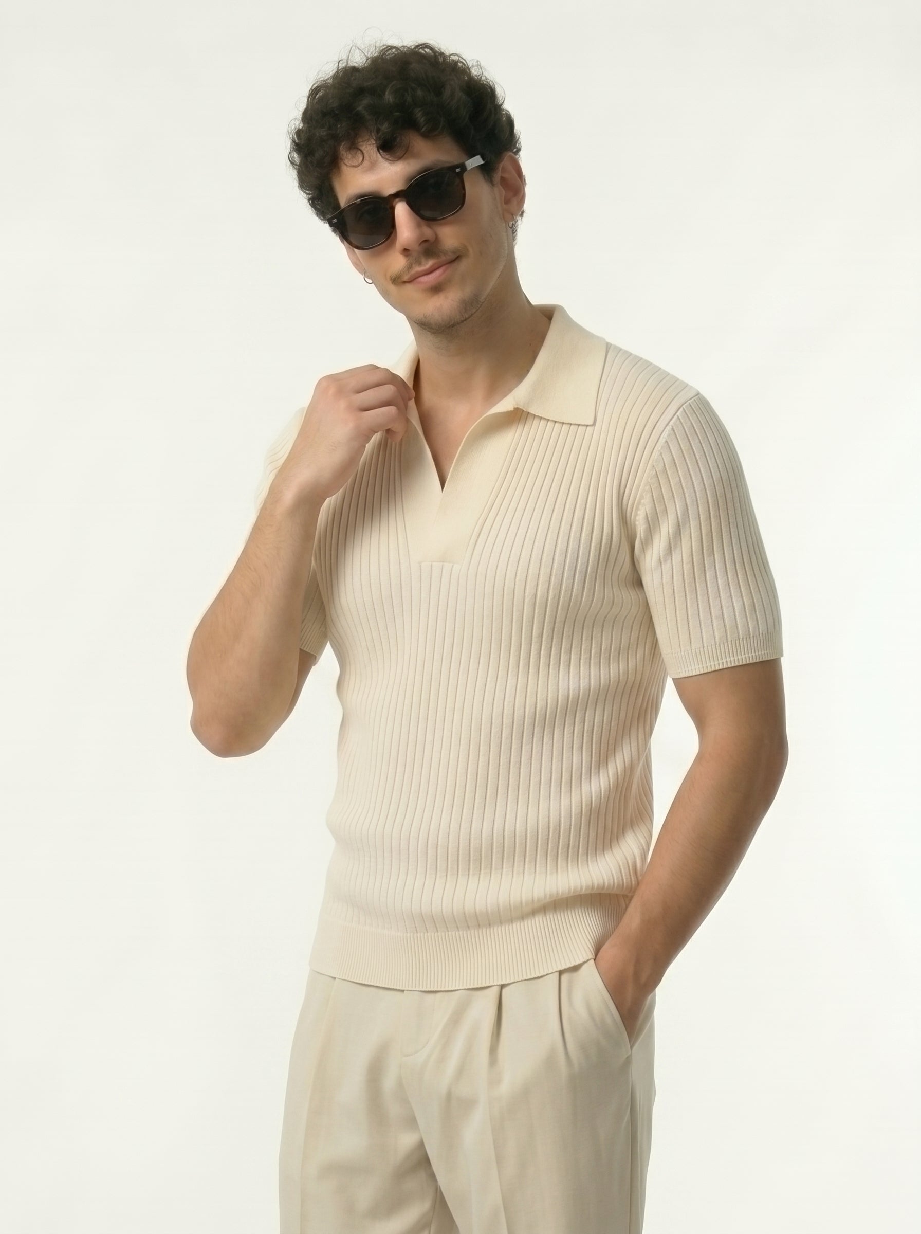 Lining Texture Beige Knitted Polo