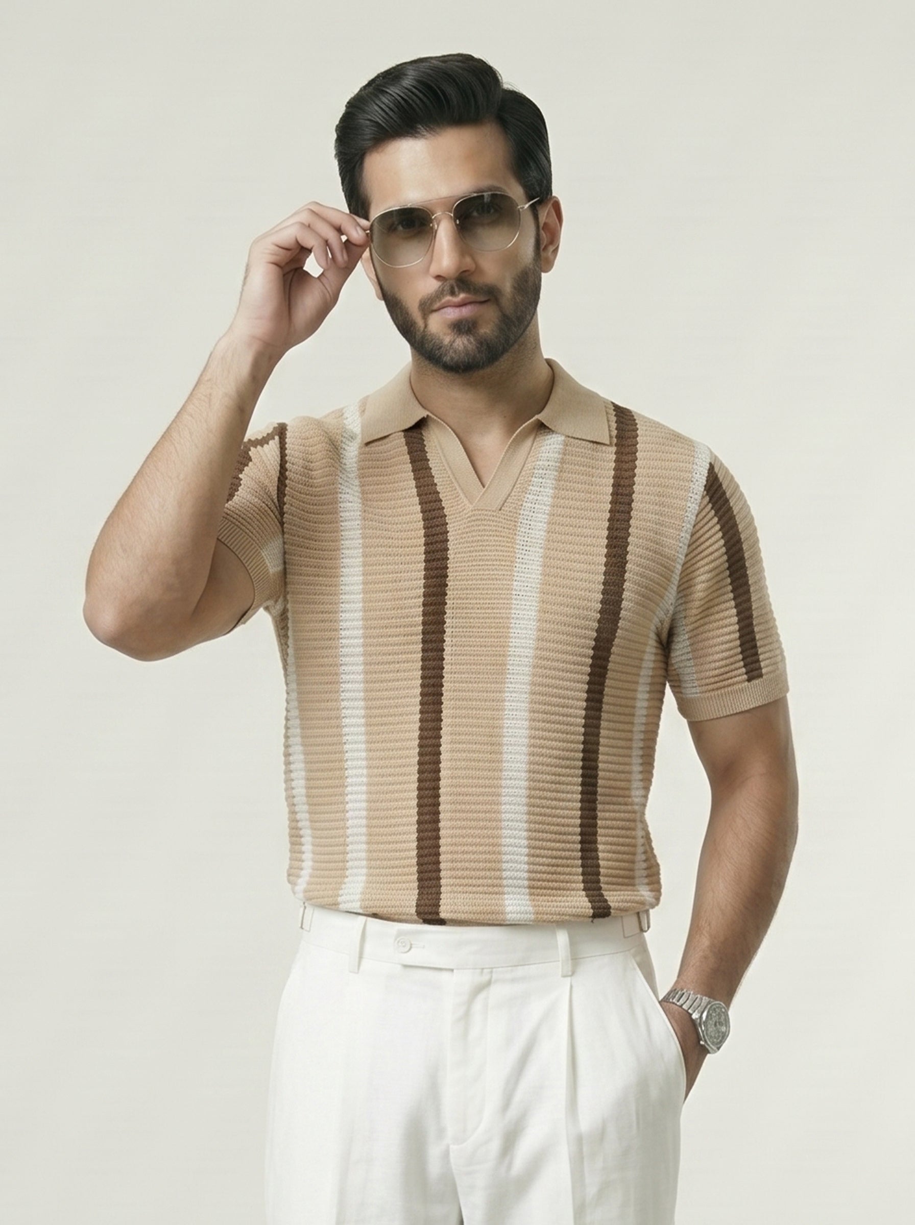 Classic Beige Striped Knitted Polo