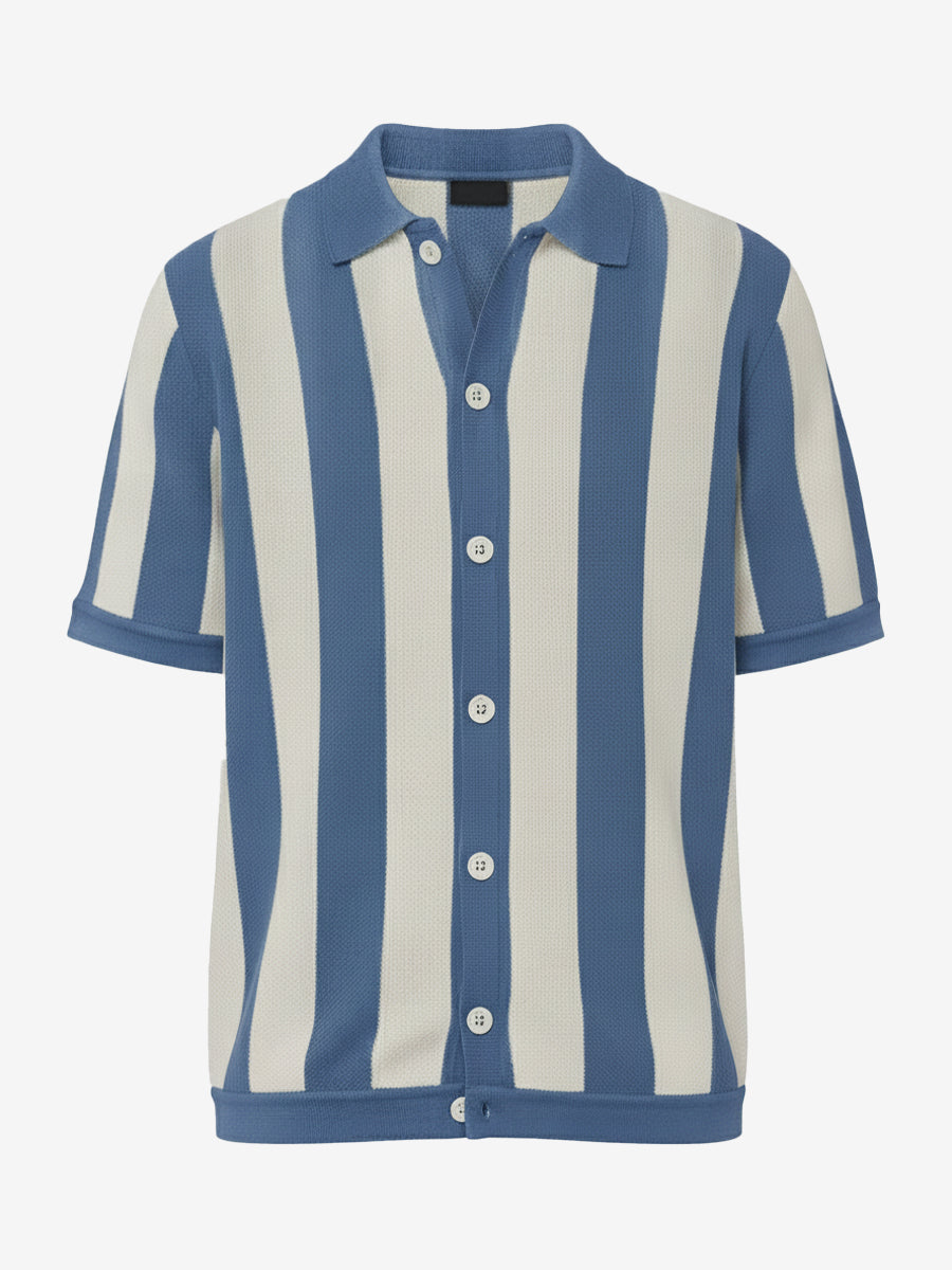 Modern Blue Casual Stripe Knit Polo Shirt