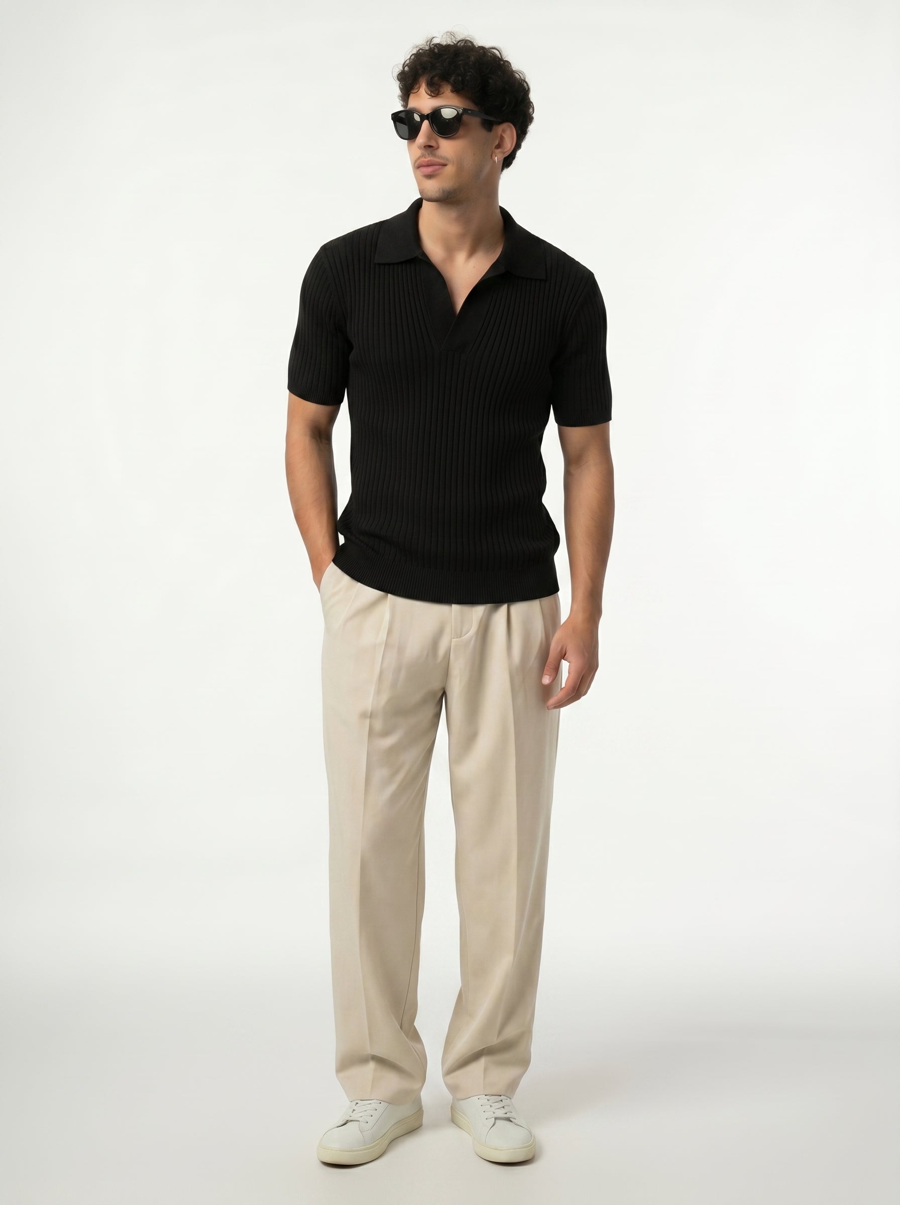 Lining Texture Black Knitted Polo