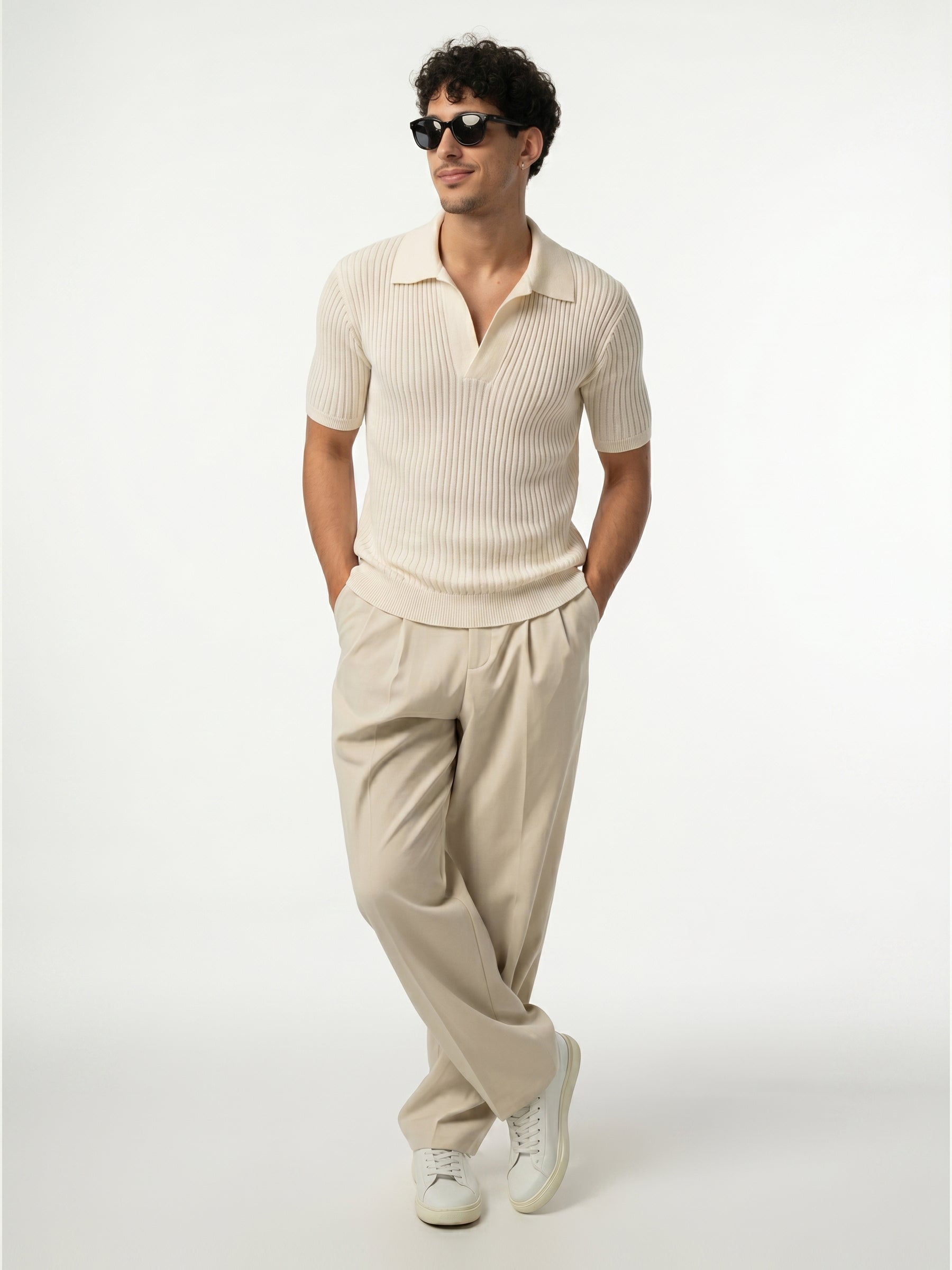 Lining Texture Beige Knitted Polo