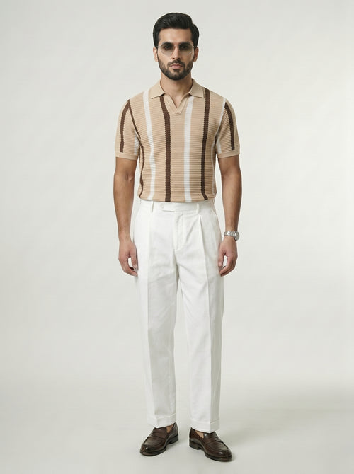 Classic Beige Striped Knitted Polo