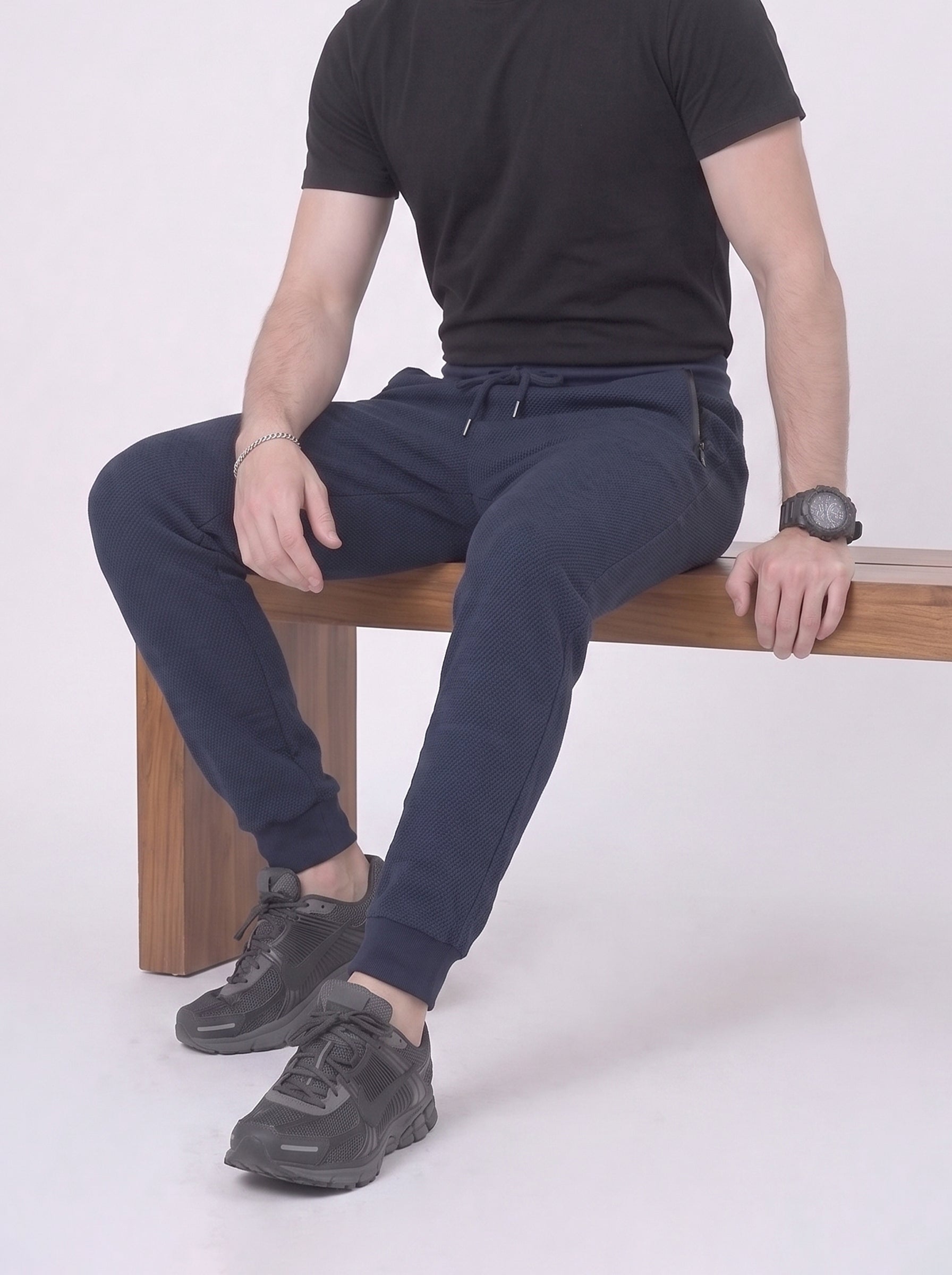 Blue Waffle Knit Jogger Trousers