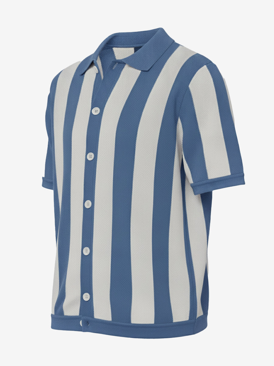 Modern Blue Casual Stripe Knit Polo Shirt