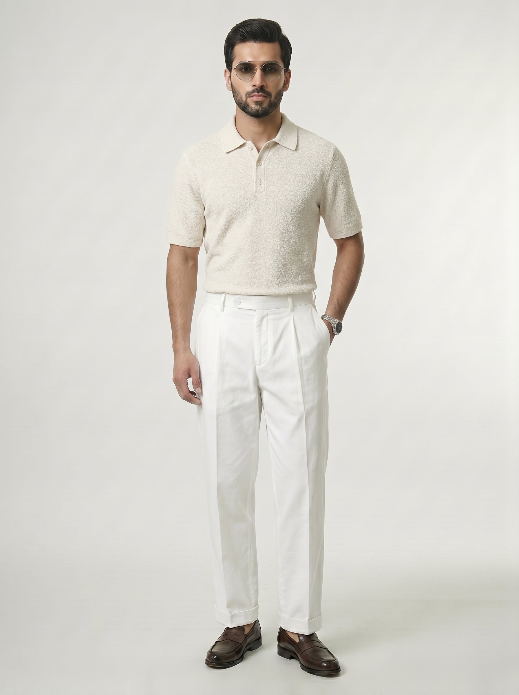 Textured Spread Off White Knitted Polo