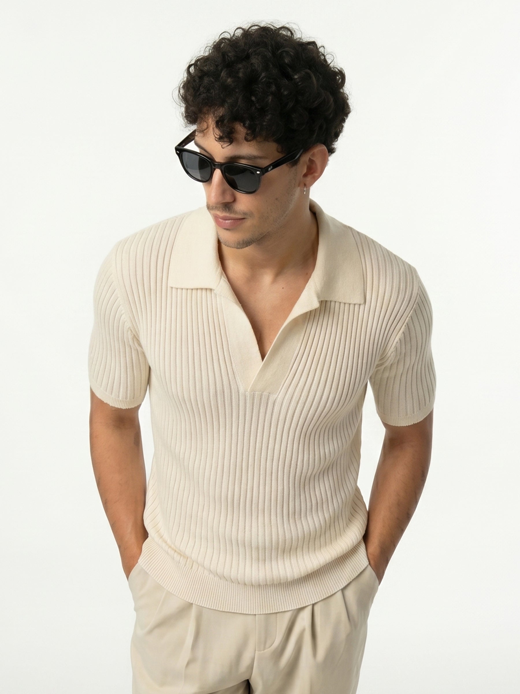 Lining Texture Beige Knitted Polo