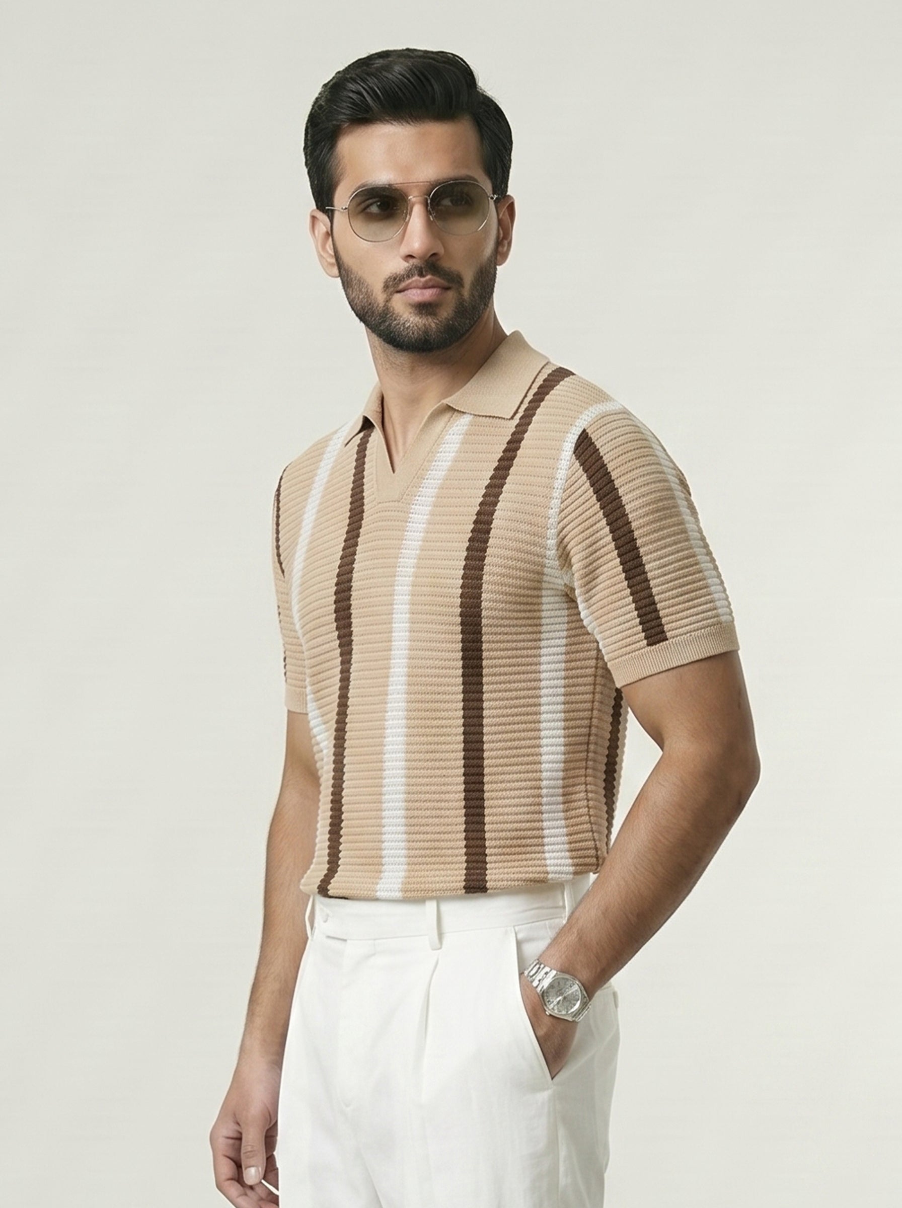 Classic Beige Striped Knitted Polo