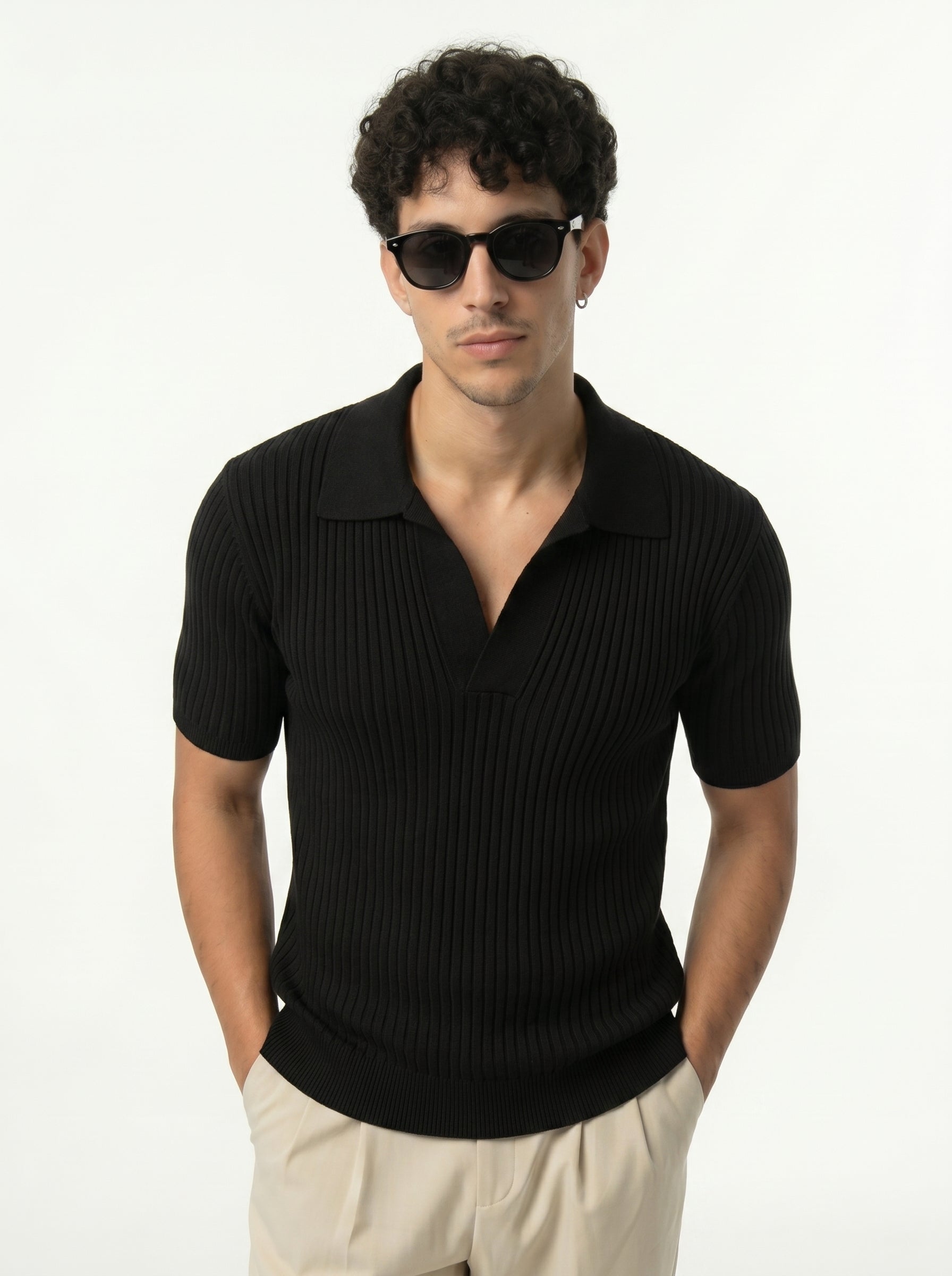 Lining Texture Black Knitted Polo