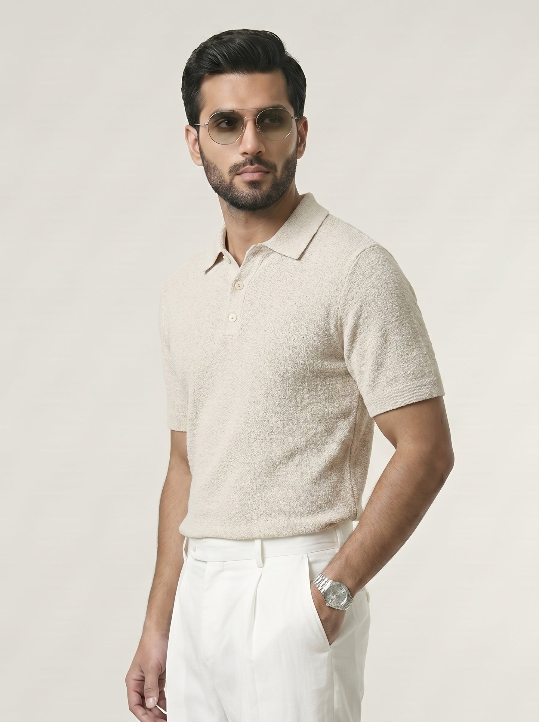 Textured Spread Off White Knitted Polo