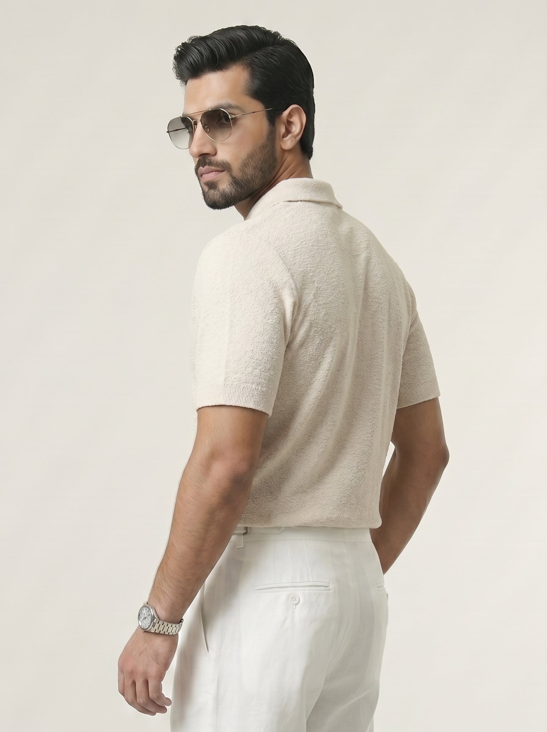 Textured Spread Off White Knitted Polo