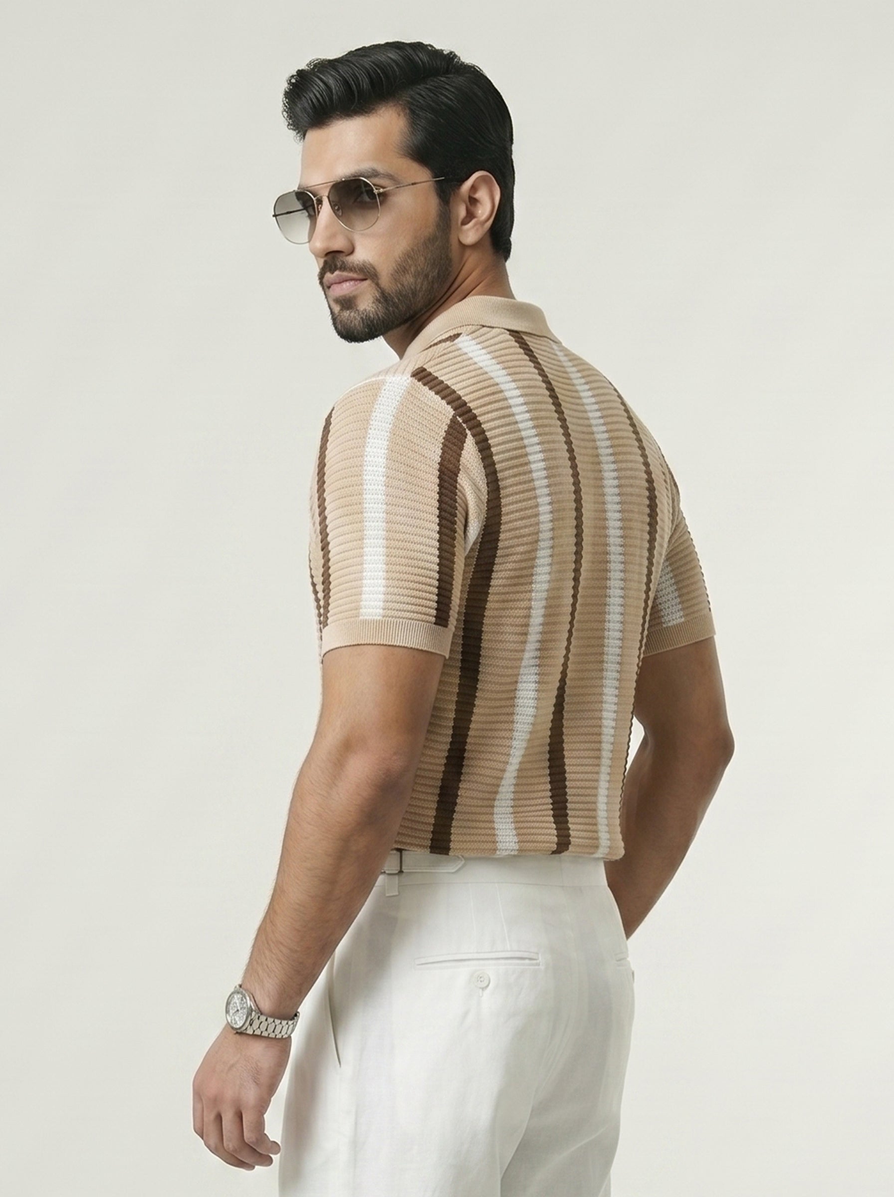 Classic Beige Striped Knitted Polo