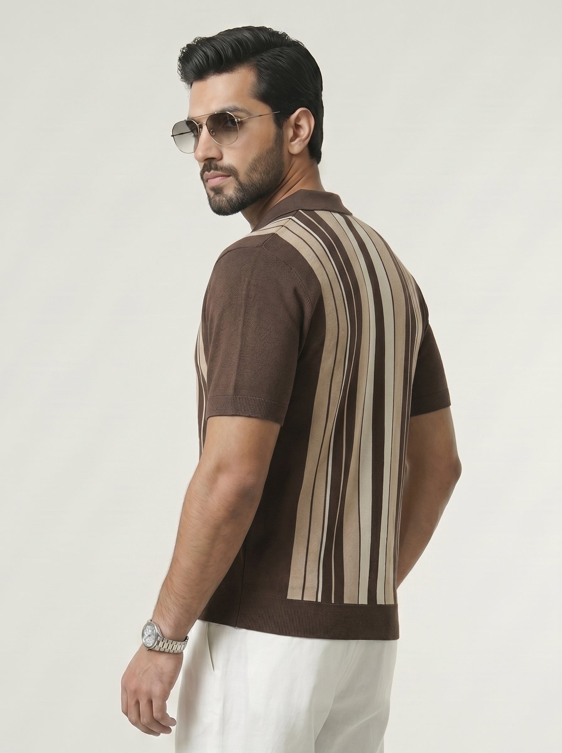 Classic Brown Striped Knitted Polo