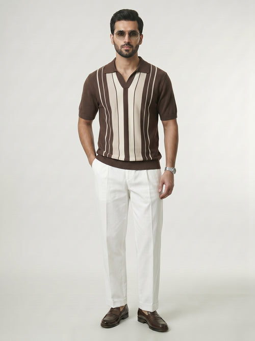 Classic Brown Striped Knitted Polo