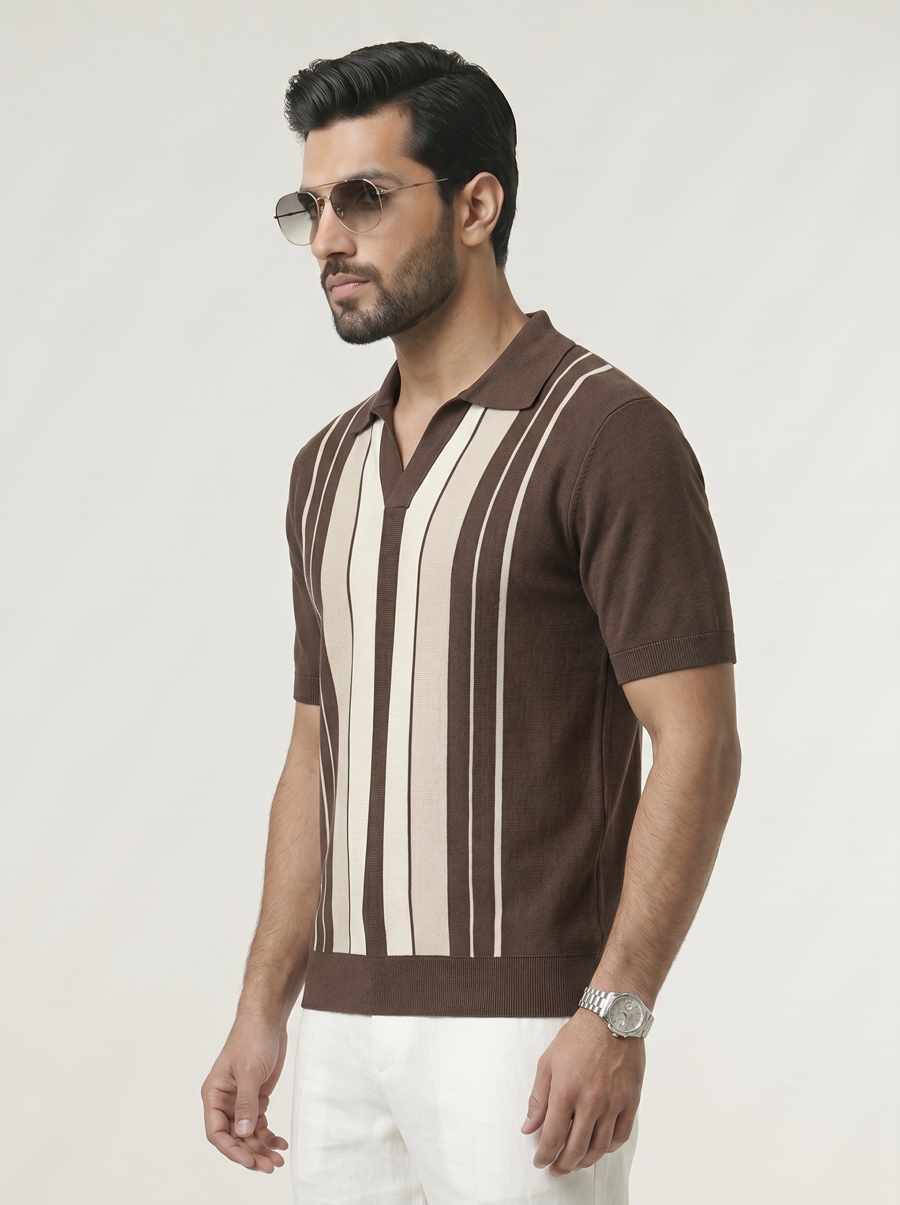 Classic Brown Striped Knitted Polo
